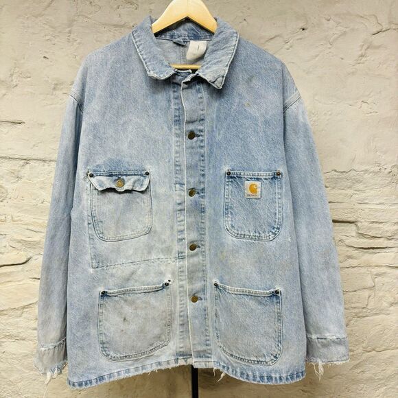 Vintage Carhartt Unlined Chore Jacket Demin JU1028 90s USA Distressed Size XXL - Picture 1 of 13